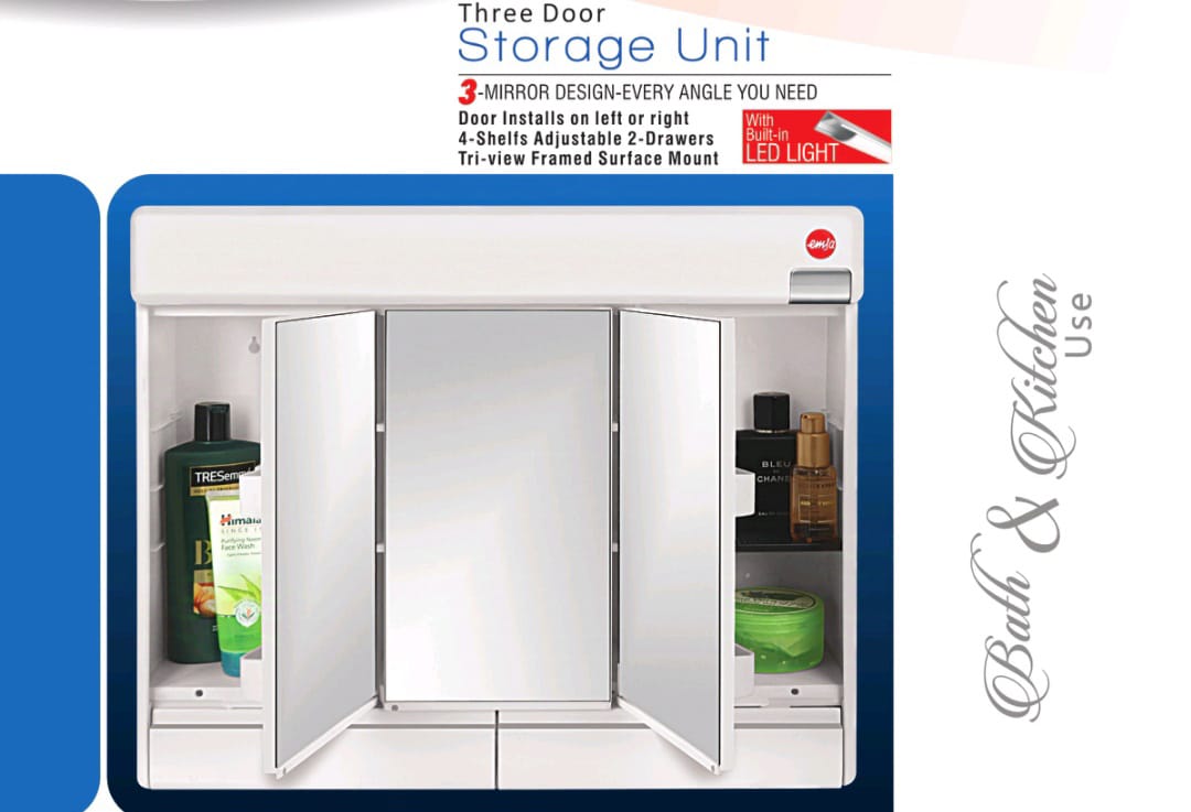 Three-Door Storage Unit with Triple Mirror Design  Every Angle You Need